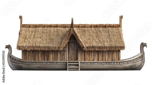 A traditional Viking longhouse with a thatched roof, wooden walls, and a carved wooden hull of a longboat
