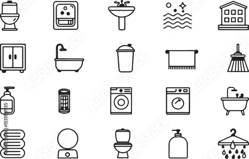 Washroom elements vector line art icon set. Bathroom, toilet, basin, hand wash, hanger, commode, sepnil. Editable stroke outline