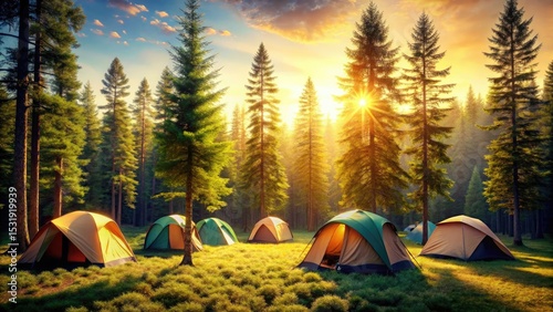 Surreal Summer Camp: Enchanting Fir Forest Tents - AI Generated Photography