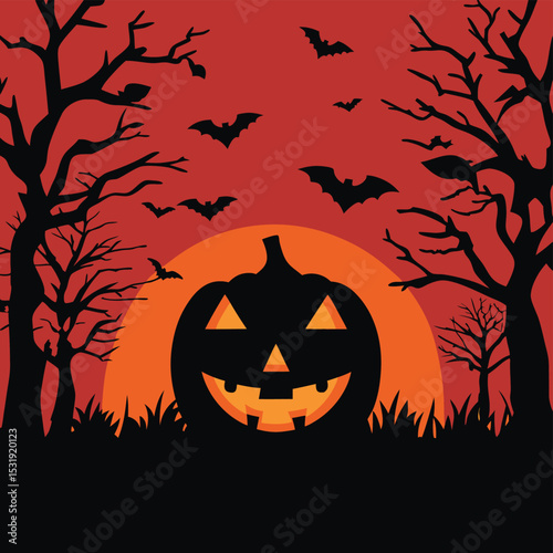 A vibrant Halloween image featuring a jack-o'-lantern silhouette against a fiery sunset backdrop.