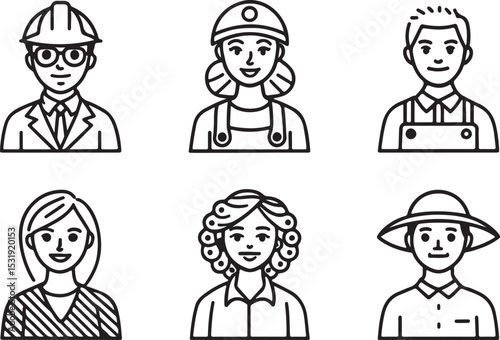 Young people vector line art icon set. A male and a female person. Editable stroke outline