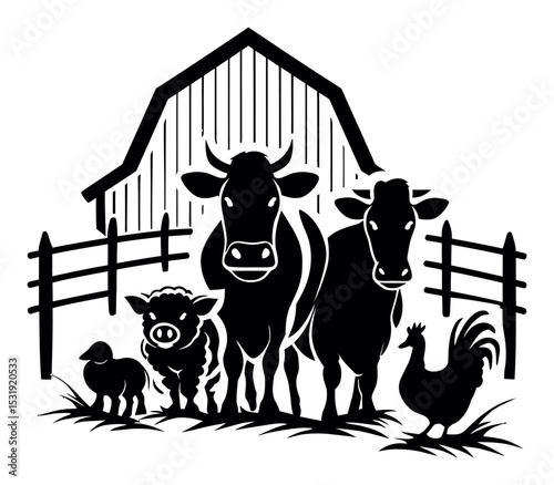 Silhouette of Farm Animals in Front of Barn with Fencing and Grass