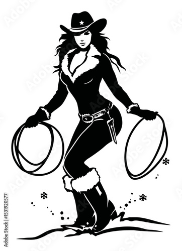 Stylish Cowgirl Illustration with Lasso in Black and White Vector Art