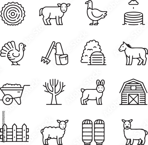 Farm Animals and Agriculture Icons Line Art Set for Design Projects