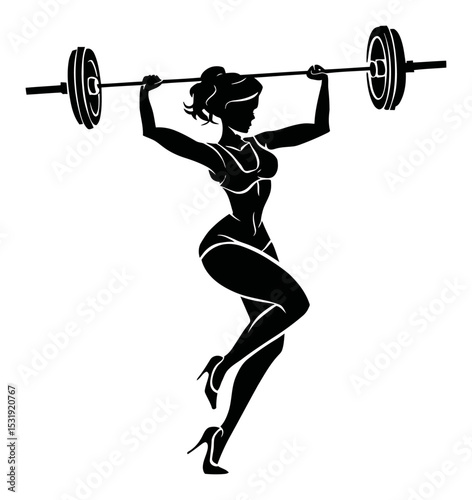 Strong Woman Lifting Weights in High Heels Silhouette Vector Art