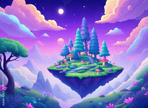 floating forest island under a purple sky glow.