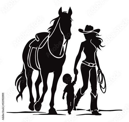 Woman and Child Walking with Horse Silhouette in Vector Art Style