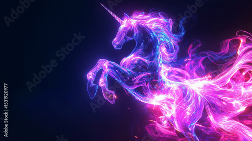 Glowing neon unicorn rearing in dark fantasy background