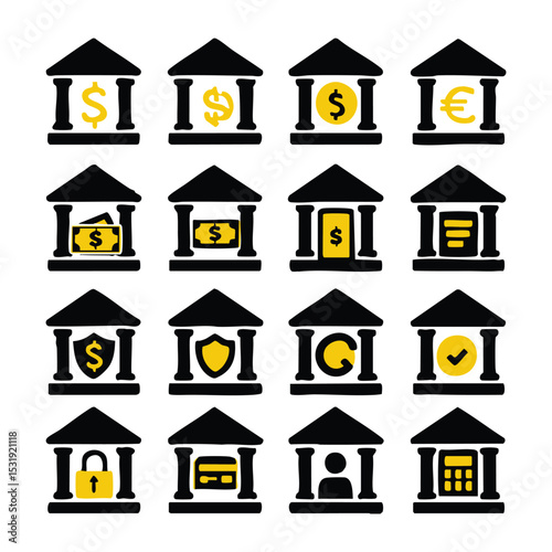 Sixteen Bank Icon Variations Currency Security and Transactions
