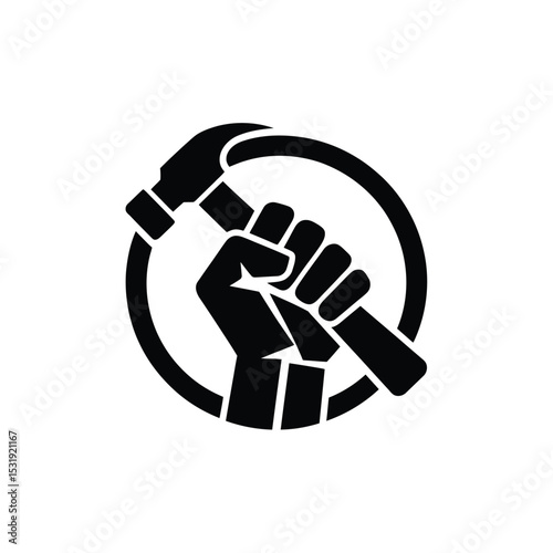 Strong hand holding hammer in circle logo