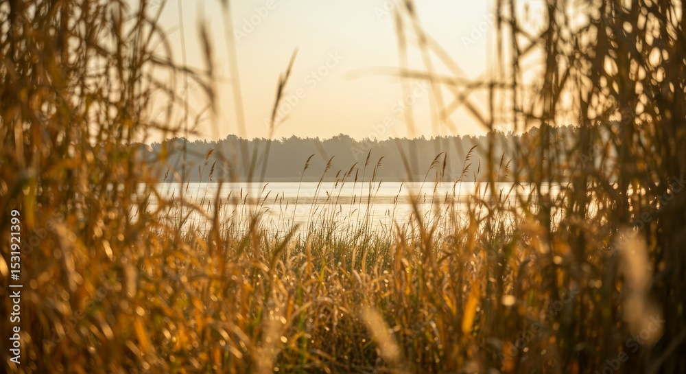 Fototapeta premium Golden hour light illuminates tall grass by a serene lake with a forest background. Peaceful nature scene, perfect
