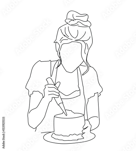woman decorating cake line art