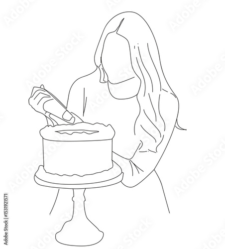 line drawing a chef decorating cake. Kitchen activity concept. 