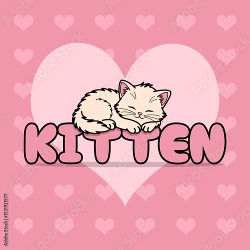 National Kitten Day to celebrate on July 10th. Illustration of a cute kitten sleeping on bold text with a big pink heart behind it on a pink background. Animal event banner.