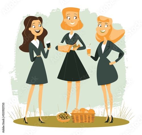 Three Women Enjoying a Picnic in Stylish Attire, Vector Cartoon Illustration