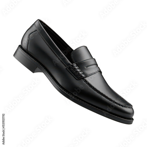 Black leather penny loafer shoe isolated on transparent background