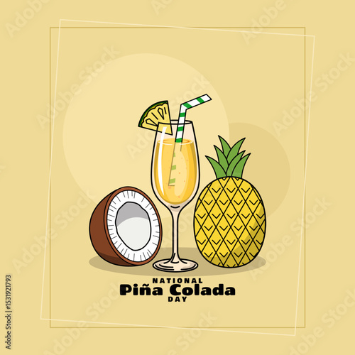 National Pina Colada Day to celebrate on July 10th. A glass of refreshing drink made from creamy concoction of pineapple, rum, and coconut cream with fresh coconut and pineapple on a beige background