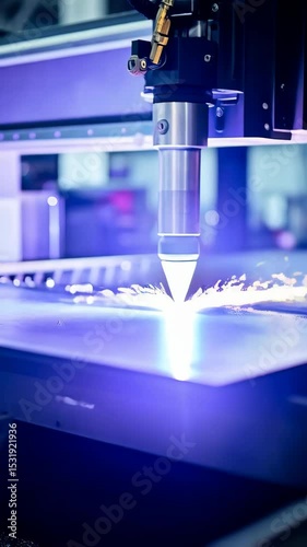 Automated industrial laser cutting machine precisely slicing through a flat metal sheet creating glowing sparks in a manufacturing environment