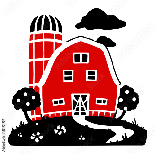 Charming Red Barn Silhouette Illustration with Trees and Clouds