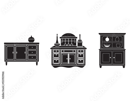 set of kitchen sideboard,kitchen hutch kitchen buffet icon silhouette-vector illustration