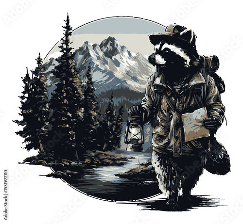Adventurous Cartoon Character Raccoon with Lantern and Map in Nature