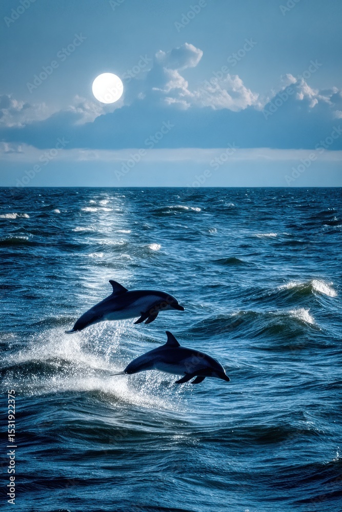 Fototapeta premium Dolphins leaping in the moonlight over dark blue ocean waves