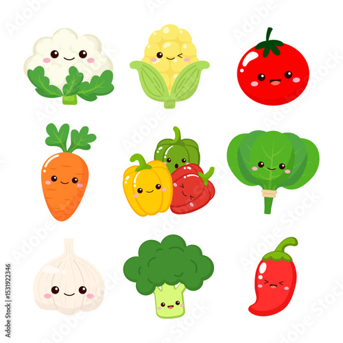 Cute farm vegetables, cauliflower, corn, tomato, carrot, bell pepper, spinach, garlic, broccoli, chili