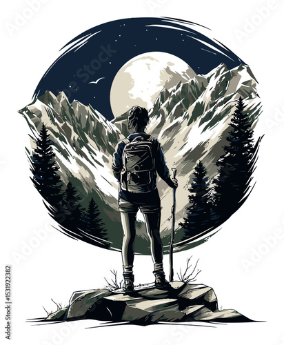 Adventurous Hiker Standing on Rock Under Full Moon in Mountain Landscape
