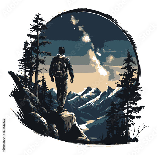 Adventurous Hiker Standing on a Rocky Outcrop Overlooking Mountains