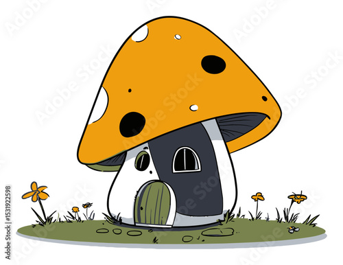 Cute Cartoon Mushroom House with Bright Orange Cap and Green Door