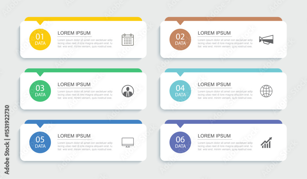 6 data infographics rectangle tab index template. Illustration business abstract background.