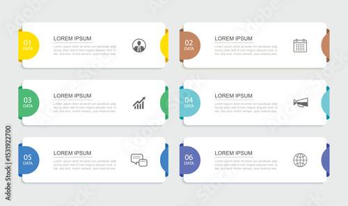 6 data infographics rectangle tab index template. Illustration business abstract background.