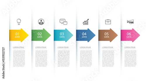 6 data infographics tab index with arrow layout template. Illustration business abstract background.