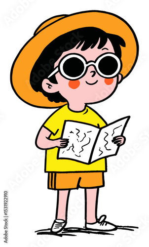 Cheerful Child in Sunglasses and Hat Holding Map on Adventure Trip