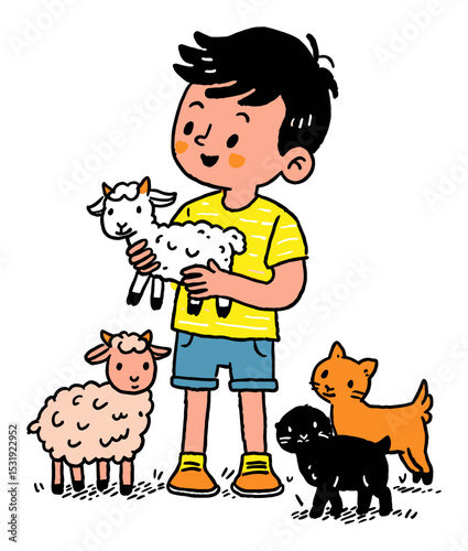 Happy Child Holding Sheep with Cute Animals in Playful Illustration