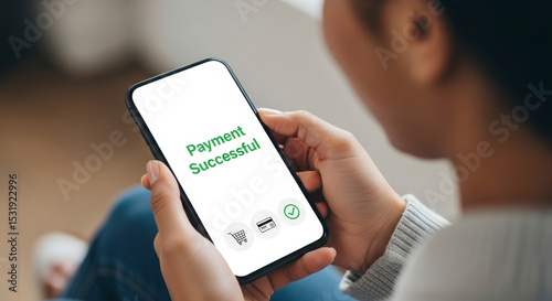 Woman Holding Smartphone Showing Payment Success Message And Icons Against Blurred Background