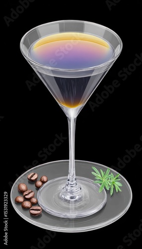 Colorful cocktail in martini glass on a plate