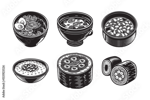 silhouette of Japanese food set bundle on the white background 