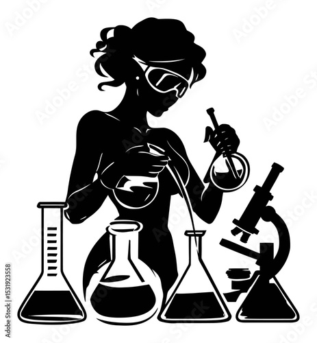 Silhouette of Woman Conducting Experiments with Lab Equipment in Vector Art
