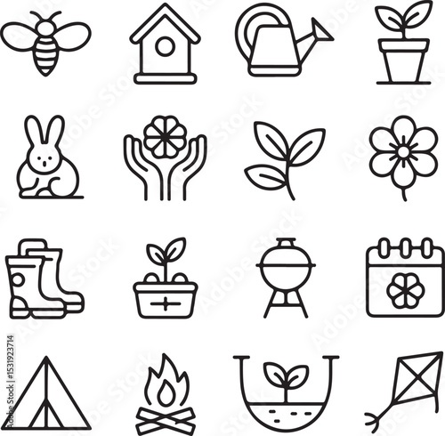 Spring Icons Gardening, Nature, and Outdoor Activities Line Art Set