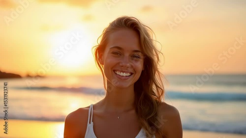 A young woman smiles brightly while standing on a sandy beach during sunset. Palm trees sway gently as the soft waves lap at the shore, creating a tranquil atmosphere