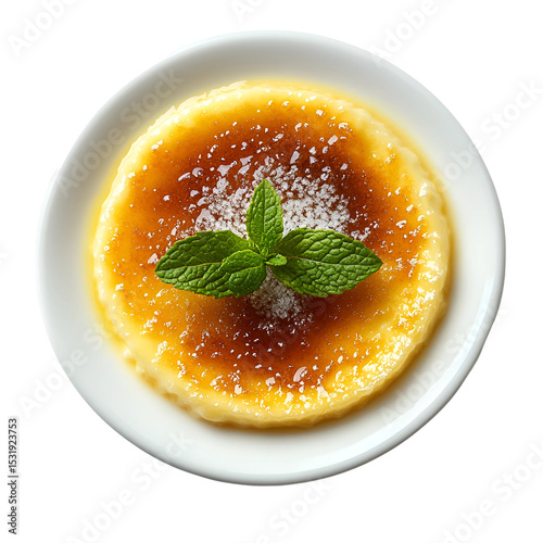 Crème brûlée dessert with caramelized sugar and mint isolated on transparent background