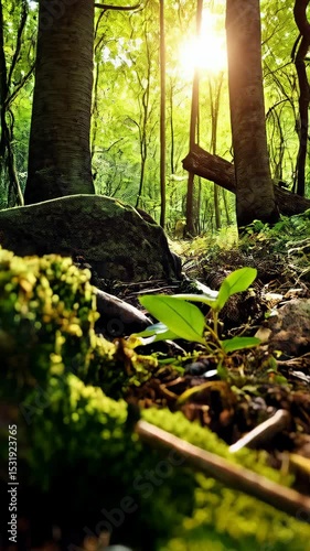 Emerald gems nestled in moss in a sun-drenched forest, creating a sense of magic, mystery, and the hidden beauty of nature
