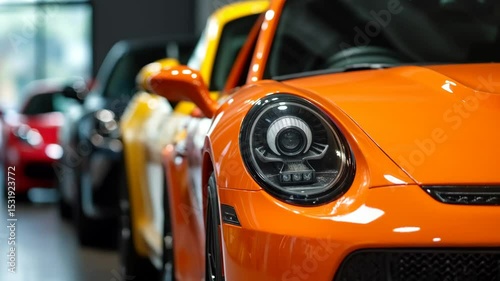 A lineup of colorful luxury cars in a show room, showcasing a prominent orange car in front with a focus on the headlight and grille, video 4k