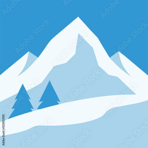 Snowy Mountain Peak with Two Pine Trees