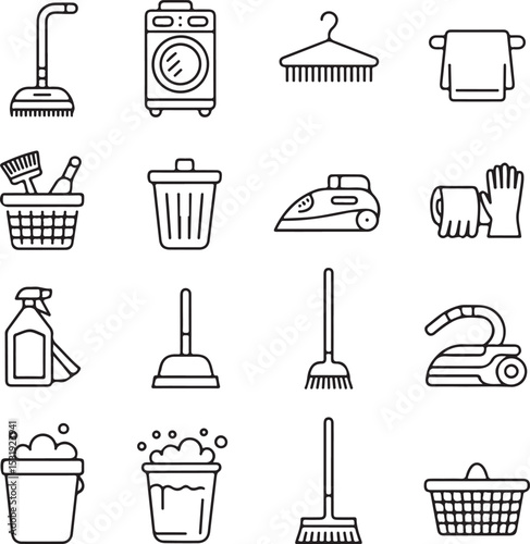 Cleaning Supplies Icons Broom, Vacuum, Washer, Iron, and More