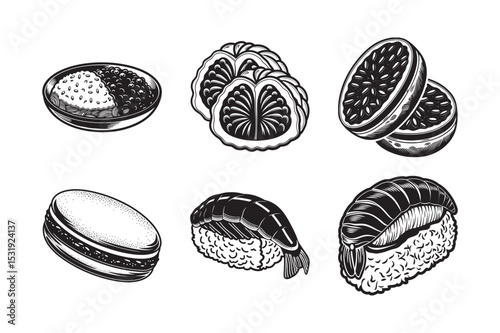 silhouette of Japanese food set bundle on the white background 