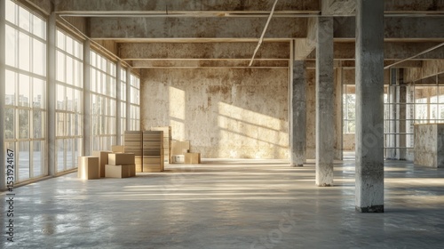 Wallpaper Mural construction site interior with professional drying system, deteriorating wall surfaces, floor-to-ceiling windows, empty concrete floor space, stacked moving boxes in background, photorealistic Torontodigital.ca