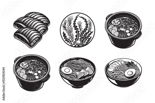 silhouette of Japanese food set bundle on the white background 