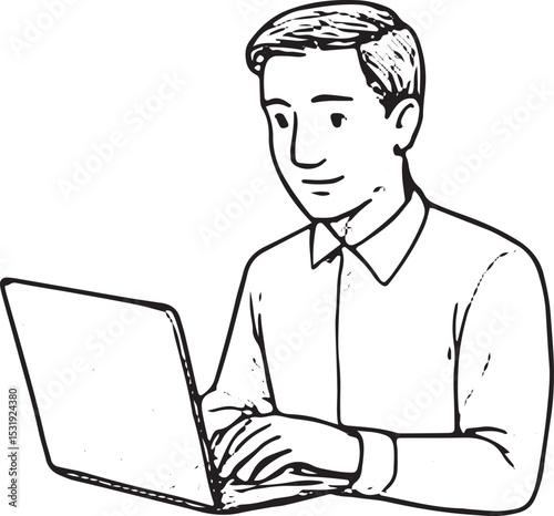 Black-and-white line art of a standing man in business suit, holding a laptop, focused on work, representing a professional office setting with modern technology